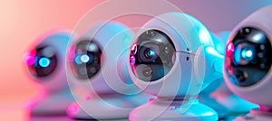 White security cameras with holographic accents on pastel background, professional banner design