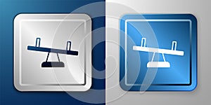 White Seesaw icon isolated on blue and grey background. Teeter equal board. Playground symbol. Silver and blue square