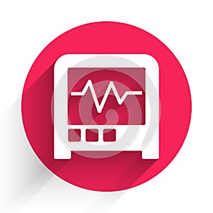 White Seismograph icon isolated with long shadow background. Earthquake analog seismograph. Red circle button. Vector