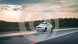 White self-driving car on the track at sunset