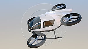 White self-driving passenger drone flying in the sky