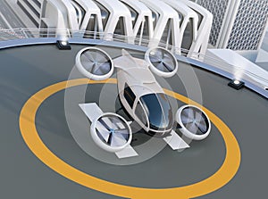 White self-driving passenger drone takeoff and landing on the helipad