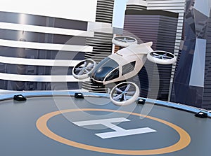 White self-driving passenger drone takeoff and landing on the helipad