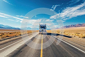 White Semitrailer Truck Driving on Straight Road Through Arid Desert Landscape Under Clear Blue Sky