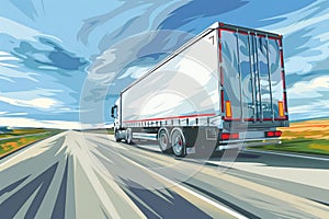 White Semitrailer Truck On The Road In Motion Blur With Scenic View Of Green Field And Beautiful Sky