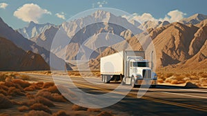 A White Semitruck Hauling Goods On A Desert Highway With Mountains In The Background. Generative AI