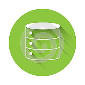 White Server, Data, Web Hosting icon isolated with long shadow background. Green circle button. Vector