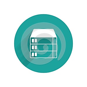 White Server, Data, Web Hosting icon isolated with long shadow background. Green circle button. Vector
