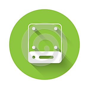 White Server, Data, Web Hosting icon isolated with long shadow background. Green circle button. Vector