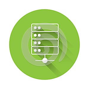 White Server, Data, Web Hosting icon isolated with long shadow background. Green circle button. Vector