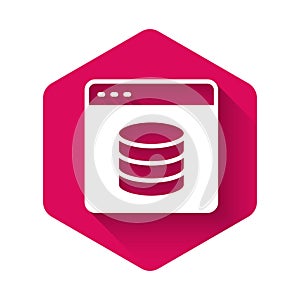 White Server, Data, Web Hosting icon isolated with long shadow background. Pink hexagon button. Vector
