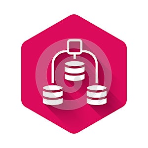 White Server, Data, Web Hosting icon isolated with long shadow background. Pink hexagon button. Vector