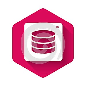 White Server, Data, Web Hosting icon isolated with long shadow background. Pink hexagon button. Vector