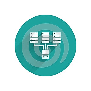 White Server, Data, Web Hosting icon isolated with long shadow. Green circle button. Vector