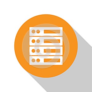 White Server, Data, Web Hosting icon isolated on white background. Orange circle button. Vector