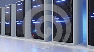 White server room of a data center or ISP with blue twinkling lights