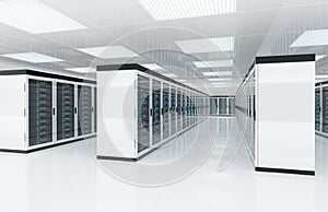 White servers center room with computers and storage systems 3D rendering