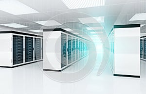 White servers data center room with bright halo light through the corridor 3D rendering