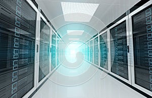 White servers data center room with bright halo light through the corridor 3D rendering