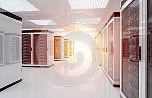 White servers data center room with bright halo light through the corridor 3D rendering