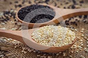 White sesame and black sesame seed on wooden spoon