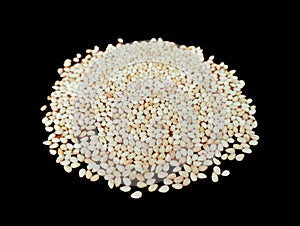 White sesame seeds grains whitetill sufaidtill food ingredient on black background closeup image stock photo