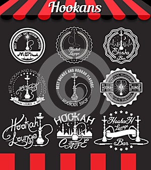 White set hookah icons, labels, signs, symbols and badges on blackboard