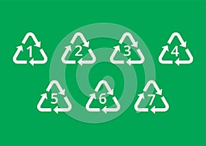 White set of recycling symbols for plastic on green background.