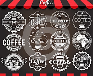 White set of round vintage retro coffee labels and badges on blackboard