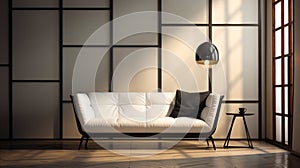 white seventies style sofa in a modern living room . 3D rendering. Vintage style.