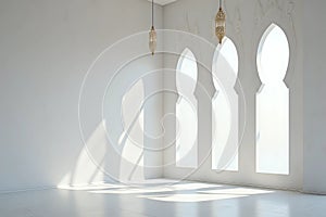 White shadow on arched abstract pattern mosque windows on the wall. Islamic religion, Ramadan kareem, or Eid Al Fitr background