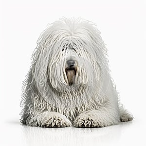 White shaggy dog breed Komondor portrait close-up, isolated on white,