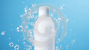 white shampoo bottle with soap bubbles on a plain blue background