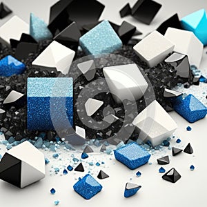 white shards and black diamonds blue sand and blue cubes podium, empty showcase for packaging product presentation AI
