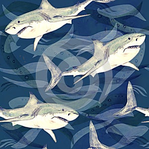 White shark, hand painted watercolor illustration, seamless pattern on dark blue ocean surface with waves