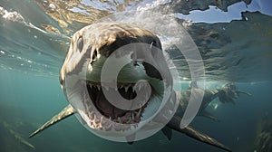 The white shark swims in the ocean in search of food. Danger bite from predator in sea and ocean