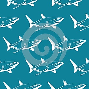 White sharks over blue seamless pattern