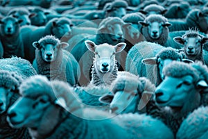 The white sheep in the group of blue sheep herd