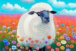 White sheep illustration colourful field of flowers