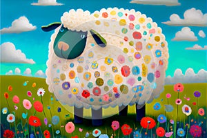 White sheep illustration colourful field of flowers