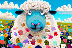 White sheep illustration colourful field of flowers