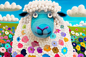 White sheep illustration colourful field of flowers