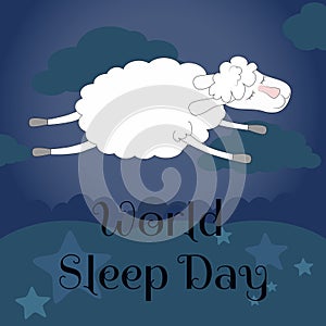 White sheep jumping in the sky in the clouds with a pacified look. The concept of a good healthy and proper sleep and a good night photo