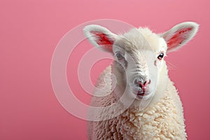 White sheep or ram head on pastel pink background. Cute funny farm animal