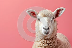 White sheep or ram head on pastel pink background. Cute funny farm animal