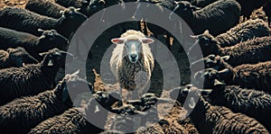 a white sheep standing in a circle of black sheeps