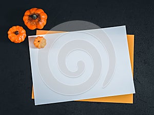 White sheet on a black background with pumpkins.