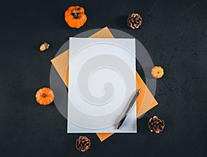 White sheet on a black background with pumpkins.