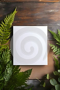 A white sheet, a blank sheet of paper, on a wooden table, a fern all around