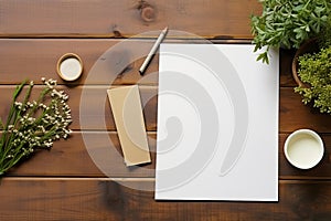 A white sheet of notebook on a wooden desk. Office mockup, top view